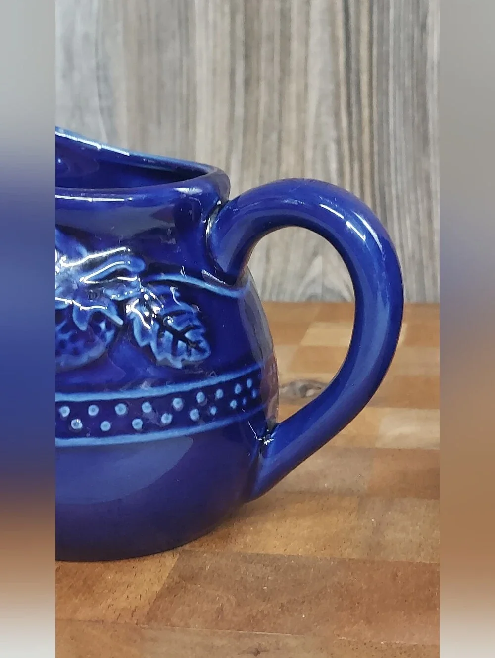 Vintage Cobalt Blue Ceramic Sugar/Creamer Set, Raised Fruit Pattern Farmhouse